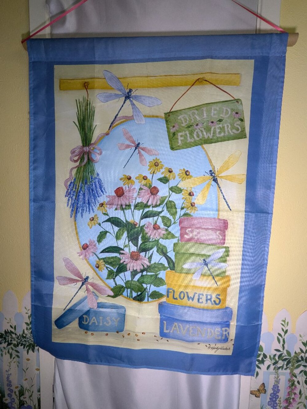 Kathy Hatch Dried Flowers Garden Flag Dragonfly Lavender Large 40x28 Vintage